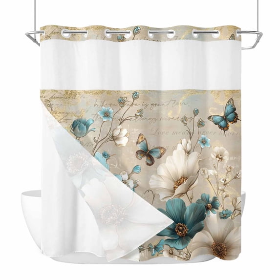 No Hook Shower Curtains with Snap-in Liner Set, Teal Tulip Butterfly Waterproof Hotel Style Bathroom Shower Curtain, Beige Turquoise Floral Vintage Rustic Breathable Mesh Top Bath Curtains 66''x72''