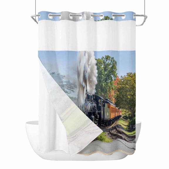 No Hook Shower Curtains with Snap-in Liner Set, Train Railway Waterproof Hotel Bathroom Shower Curtain, Countryside Cabin Trees Farmhouse Rustic Breathable Mesh Top Window Bath Curtains 60''x72''