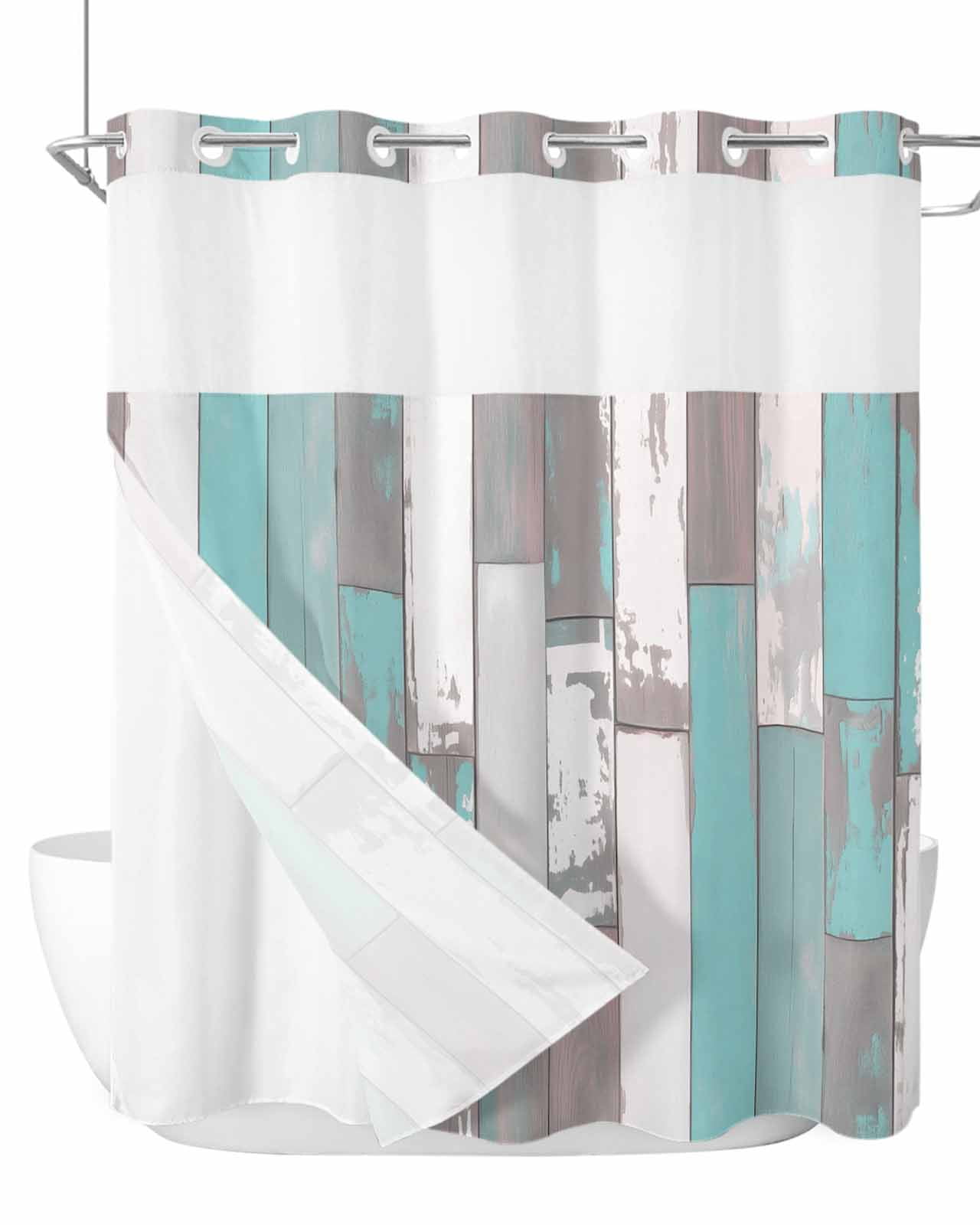 No Hook Shower Curtains with Snap-in Liner Set, Turquoise Gray