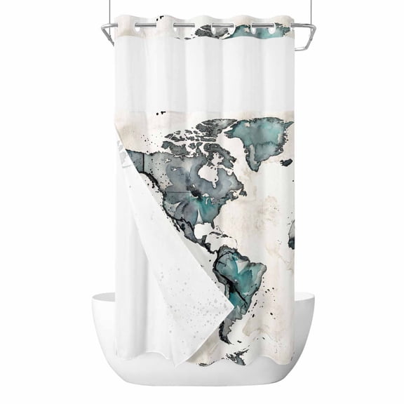 No Hook Shower Curtains with Snap-in Liner Set, Vintage Map Waterproof Hotel Style Bathroom Shower Curtain, Teal Flowers Color Block Abstract Breathable Mesh Top Window Bath Curtains 36''x72''