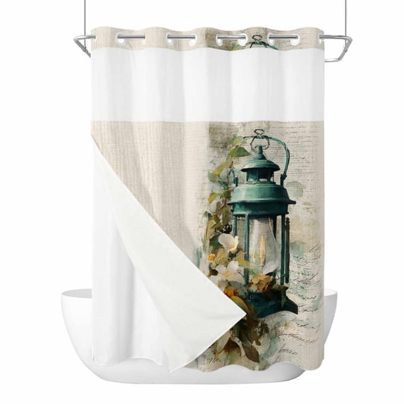 No Hook Shower Curtains with Snap-in Liner Set, Vintage Oil Light Waterproof Hotel Style Bathroom Shower Curtain, Spring Flowers Leaves Candles Retro Breathable Mesh Top Bath Curtains 60''x72''