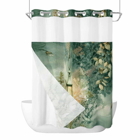 No Hook Shower Curtains with Snap-in Liner Set, Vintage Oil Light Waterproof Hotel Style Bathroom Shower Curtain, Spring Green Leaves Retro Candles Breathable Mesh Top Window Bath Curtains 60''x72''