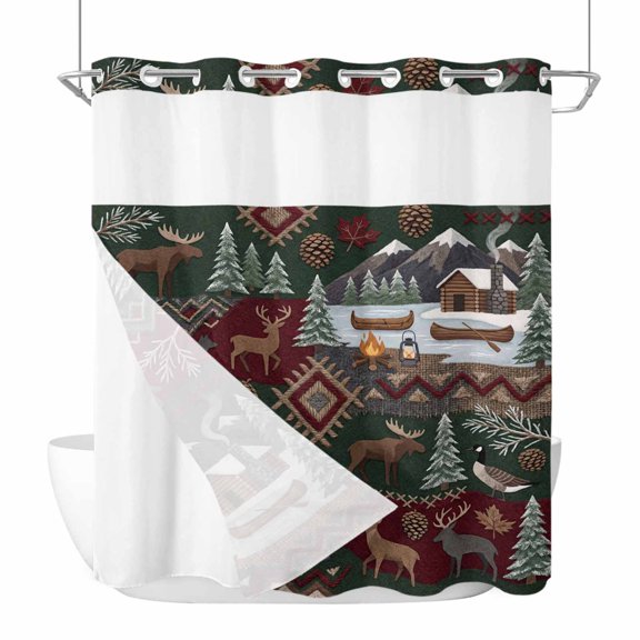 No Hook Shower Curtains with Snap-in Liner Set, Western Boho Waterproof Hotel Style Bathroom Shower Curtain, Farmhouse Country Rustic Chic Wild Nature Cabin Deer Mesh Top Bath Curtains 72''x78''