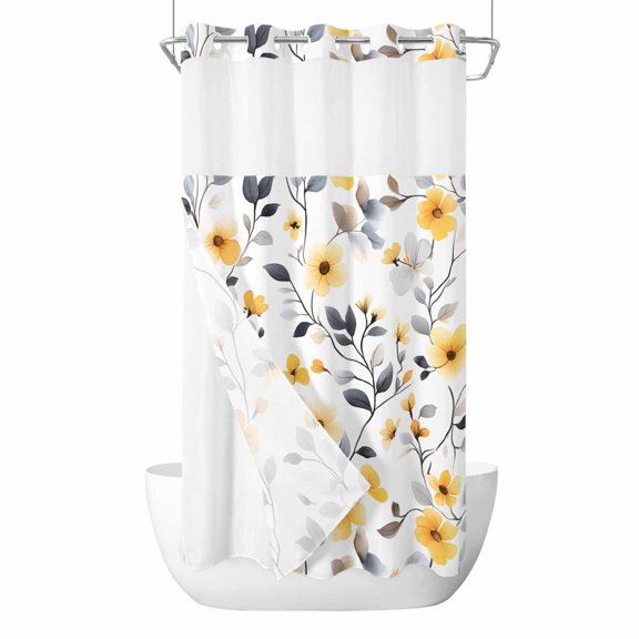 No Hook Shower Curtains with Snap-in Liner Set, Yellow Floral Spring Waterproof Hotel Style Bathroom Shower Curtain, Gray Botanical Summer Pastoral Breathable Mesh Top Window Bath Curtains 36''x72''