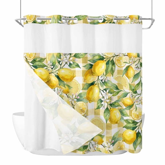 No Hook Shower Curtains with Snap-in Liner Set, Yellow Lemons Waterproof Hotel Style Bathroom Shower Curtain, Summer Botanical Checkered Pastoral Breathable Mesh Top Window Bath Curtains 72''x72''