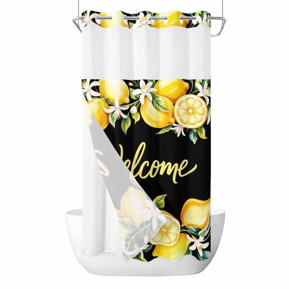 No Hook Shower Curtains with Snap-in Liner Set, Yellow Lemons Waterproof Hotel Style Bathroom Shower Curtain, Summer Fruits Leaves Botanical Black Breathable Mesh Top Window Bath Curtains 36''x72''
