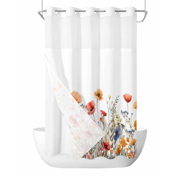 No Hook Shower Curtains with Snap-in Liner Set, Yellow Red Blue Spring Floral Waterproof Hotel Style Bathroom Shower Curtain, Summer Botanical Flowers Mesh Top Window Bath Curtains 36''x72''