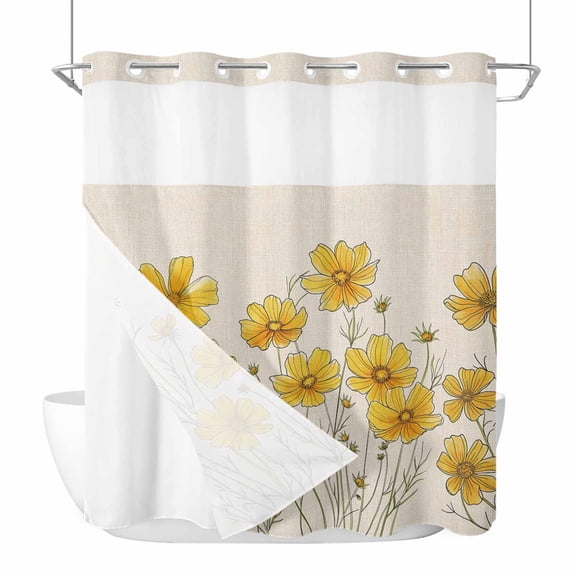 No Hook Shower Curtains with Snap-in Liner Set, Yellow Spring Floral Waterproof Hotel Style Bathroom Shower Curtain, Summer Botanical Rustic Daisy Breathable Mesh Top Window Bath Curtains 72''x78''