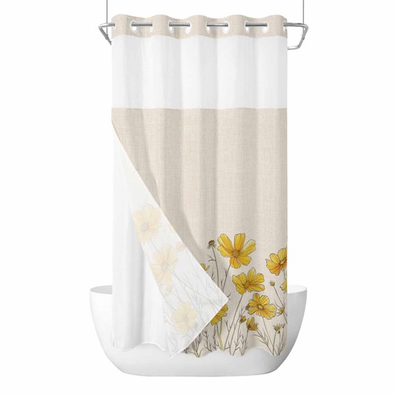 No Hook Shower Curtains with Snap-in Liner Set, Yellow Spring Floral Waterproof Hotel Style Bathroom Shower Curtain, Summer Botanical Rustic Daisy Breathable Mesh Top Window Bath Curtains 36''x72''