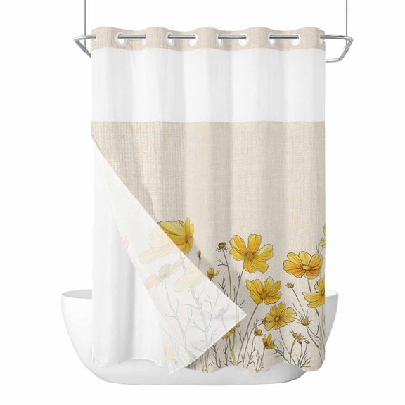 No Hook Shower Curtains with Snap-in Liner Set, Yellow Spring Floral Waterproof Hotel Style Bathroom Shower Curtain, Summer Botanical Rustic Daisy Breathable Mesh Top Window Bath Curtains 72''x84''