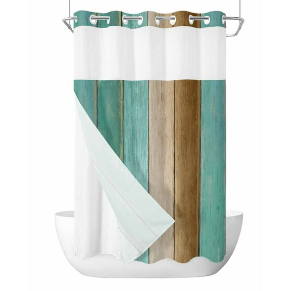 No Hook Shower Curtains, Teal Brown Wooden Small Shower Curtains with Snap in Liner, Farmhouse Striped Modern Art Waterproof Washable Fabric Bathroom Shower Curtain Sets, 36" x 72"