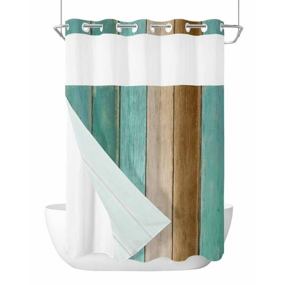 No Hook Shower Curtains, Teal Brown Wooden Stall Bathroom Curtain with Snap in Liner, Farmhouse Striped Modern Art Waterproof Washable Fabric Bathroom Shower Curtain Sets, 48" x 72"