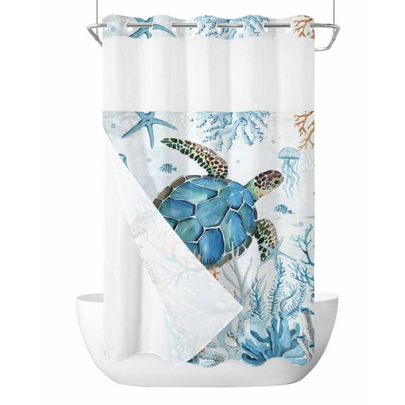 No Hook Shower Curtains, Turtle Stall Bathroom Curtain with Snap in Liner, Blue Coastal Starfish Ocean Coral Nautical Waterproof Washable Fabric Bathroom Shower Curtain Sets, 54" x 78"