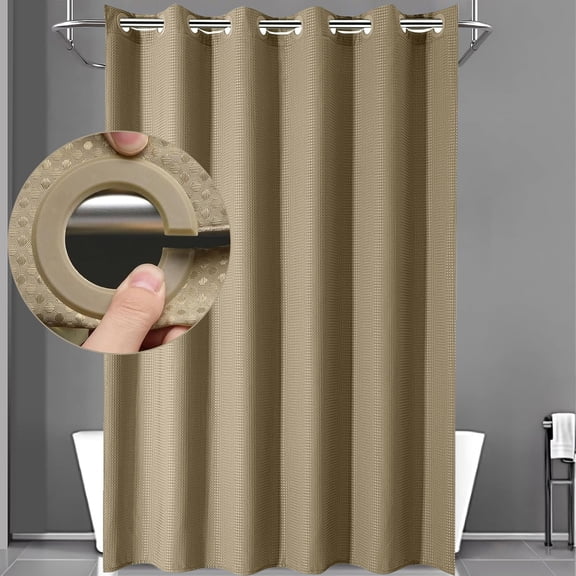 Waffle Weave Shower Curtains, No Hook Shower Curtains for Bathroom, DawnJoanHD Beige Polyester Fabric Shower Curtain with Built-in Rings, 72" x 74"