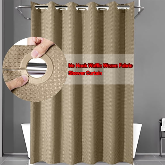 No Hook Waffle Weave Fabric Shower Curtain for Bathroom, DawnJoanHD Beige Polyester Shower Curtain with Built-in Rings, 72" x 74"