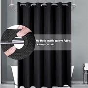 No Hook Waffle Weave Fabric Shower Curtain for Bathroom, DawnJoanHD Black Polyester Shower Curtain with Built-in Rings, 72" x 74"