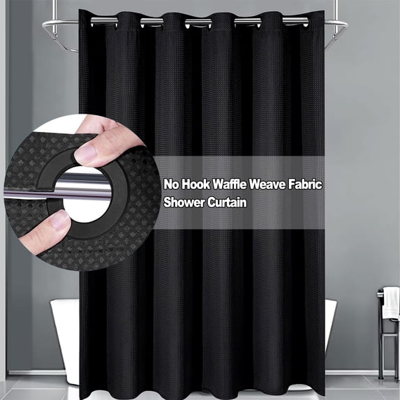 No Hook Waffle Weave Fabric Shower Curtain for Bathroom, DawnJoanHD Black Polyester Shower Curtain with Built-in Rings, 72" x 74"
