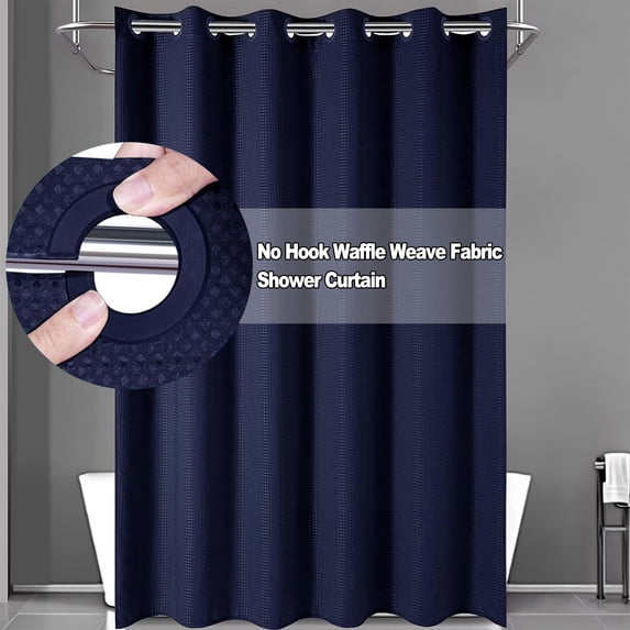 No Hook Waffle Weave Fabric Shower Curtain for Bathroom, DawnJoanHD Blue Polyester Shower Curtain with Built-in Rings, 72" x 74"