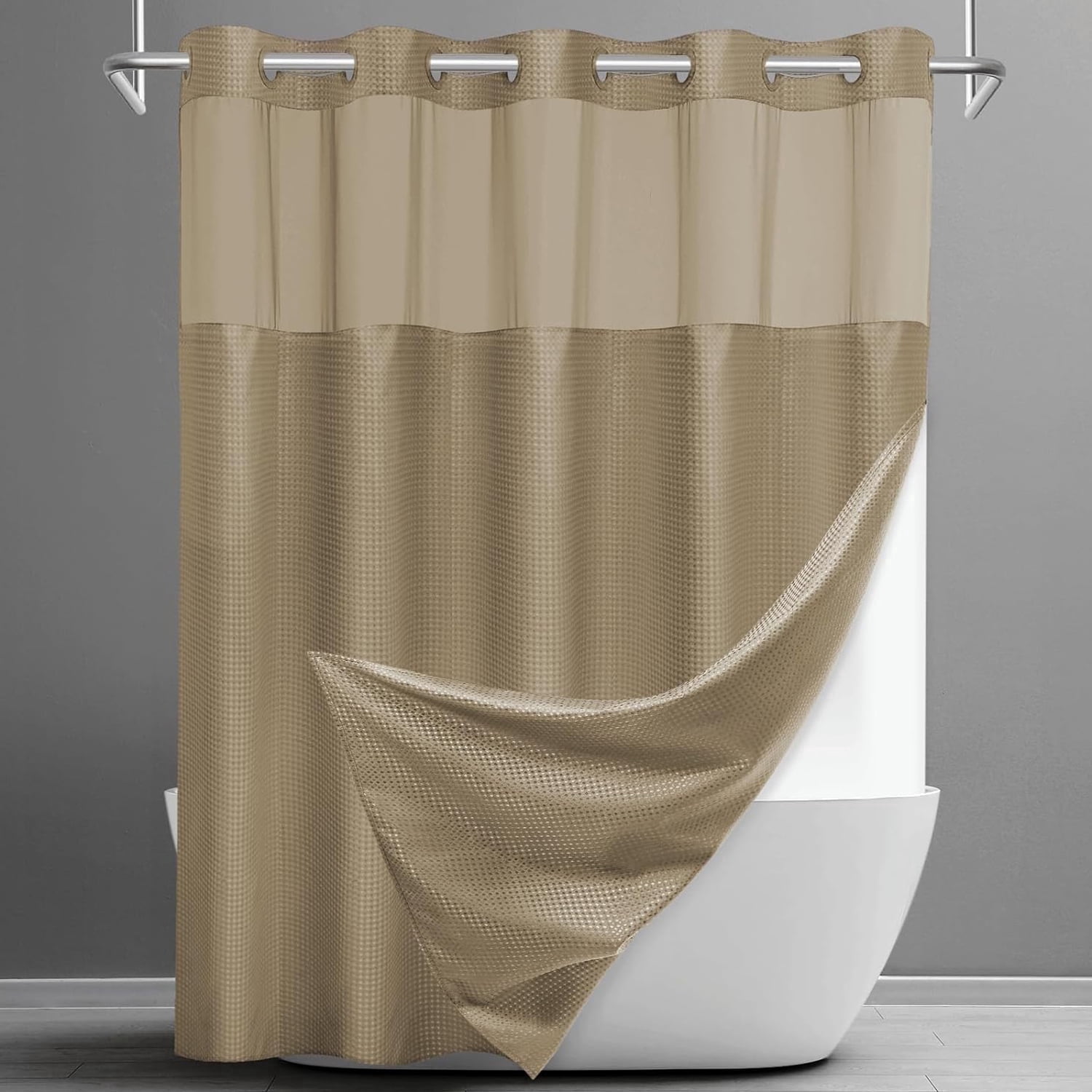 Waffle Weave Hookless Shower Curtain with Snap in Liner, DawnJoanHD Beige Polyester Fabric Shower Curtains with See Through Top Window, 71" x 74"