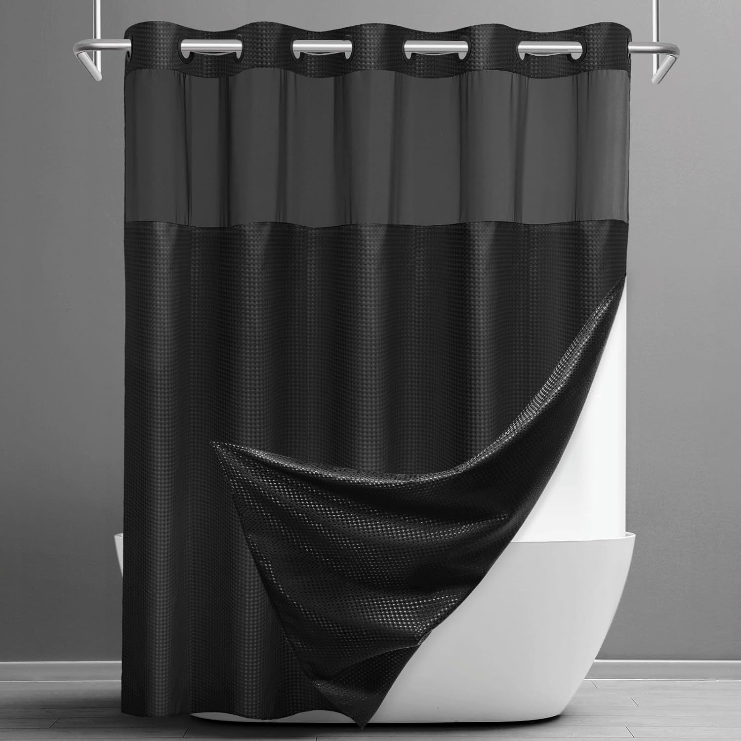 Waffle Weave Hookless Shower Curtain with Snap in Liner, DawnJoanHD Black Polyester Fabric Shower Curtains with See Through Top Window, 71" x 74"