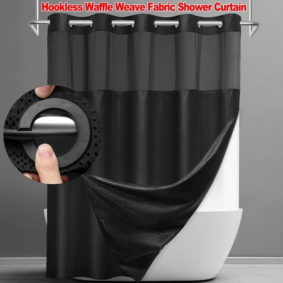 Waffle Weave Hookless Shower Curtain with Snap in Liner, DawnJoanHD Black Polyester Fabric Shower Curtains with See Through Top Window, 71" x 74"