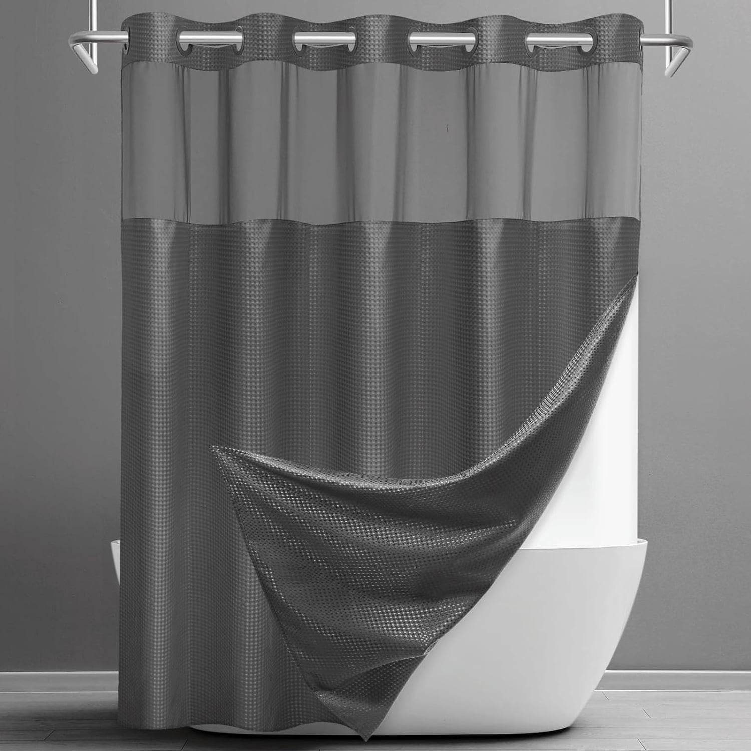 Waffle Weave Hookless Shower Curtain with Snap in Liner, DawnJoanHD Dark Grey Polyester Fabric Shower Curtains with See Through Top Window, 71" x 74"