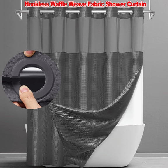 Hookless Waffle Weave Fabric Shower Curtain with Snap-in Liner, DawnJoanHD Dark Grey Polyester Shower Curtains with See-Through Top Window, 72" x 75"