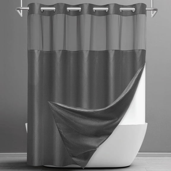 Waffle Weave Hookless Shower Curtain with Snap in Liner, DawnJoanHD Dark Grey Polyester Fabric Shower Curtains with See Through Top Window, 71" x 74"