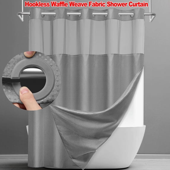 Hookless Waffle Weave Fabric Shower Curtain with Snap-in Liner, DawnJoanHD Grey Polyester Shower Curtains with See-Through Top Window, 72" x 75"