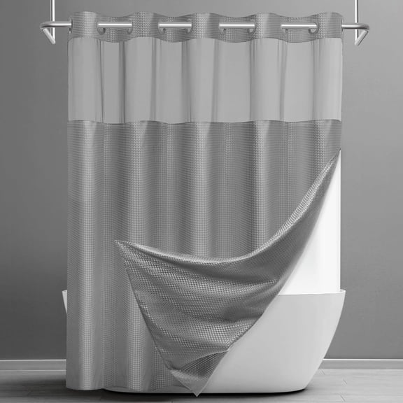 Waffle Weave Hookless Shower Curtain with Snap in Liner, DawnJoanHD Grey Polyester Fabric Shower Curtains with See Through Top Window, 71" x 74"