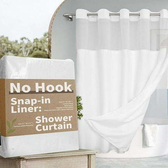 No Hook Slub Textured Shower Curtain with Snap-in PEVA Liner Set - 71" x 74"(72"), Hotel Style with See Through Top Window, Fabric Outer Curtain & Waterproof Inner Liner, White, 71x74
