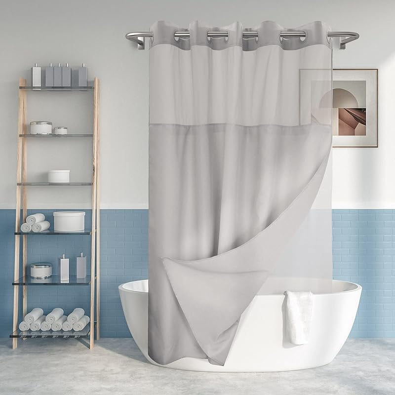 No Hook Slub Textured Shower Curtain with Snapin PEVA Liner Set 71