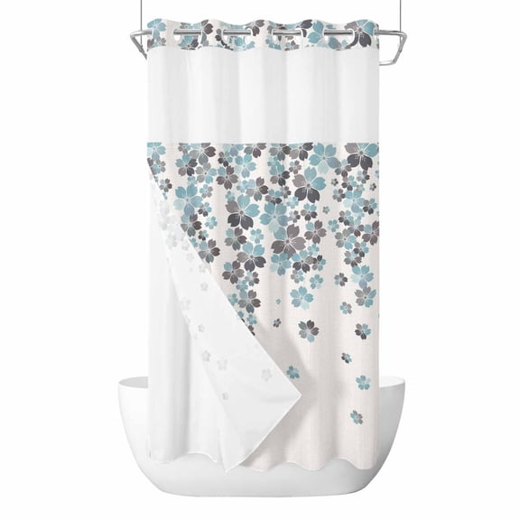 No Hook Spring Cherry Flowers Shower Curtain with Snap in Liner Set, Blue-green Gray Floral Blossom Beige Waterproof Bathroom Curtains with See Through Top Window, Hotel Style Small 36 x 78 Inch