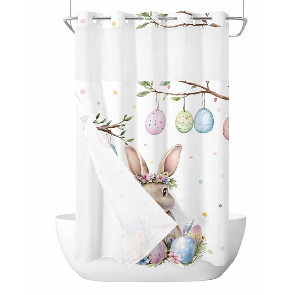No Hook Spring Easter Bunny Shower Curtain with Snap in Liner Set, Colorful Eggs Botanical Floral Waterproof Fabric Bathroom Curtains with See Through Top Window, Hotel Style Small 36 x 72 Inch