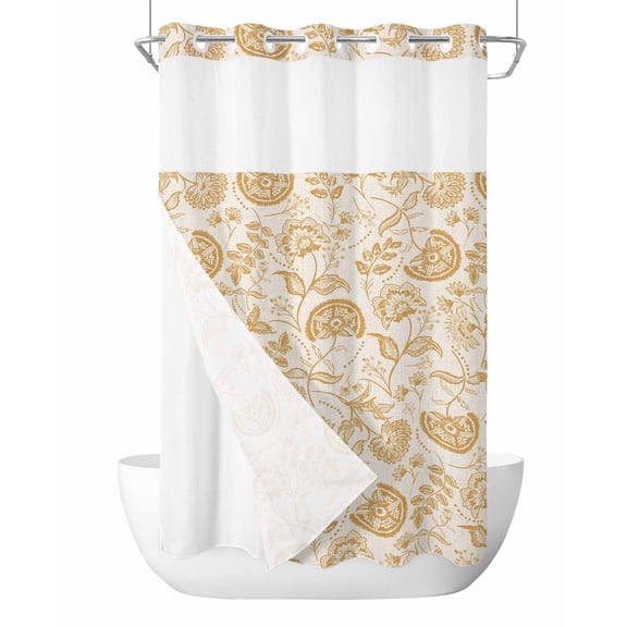 No Hook Spring Floral Shower Curtain with Snap in Liner Set, Summer Botanical Farmhouse Vintage Waterproof Fabric Bathroom Curtains with See Through Top Window, Hotel Style Small 36 x 72 Inch