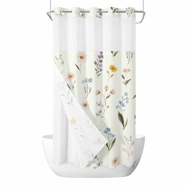 Clothh Spring No Hook Grey Black Botanical Shower Curtain with Snap in Liner Set ...