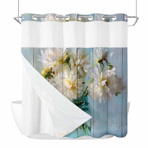 No Hook Spring Flowers Shower Curtain with Snap in Liner Set, Modern Farmhouse Oil Painting Floral Waterproof Fabric Bathroom Curtains with See Through Top Window, Hotel Style Modern 66 x 72 Inch