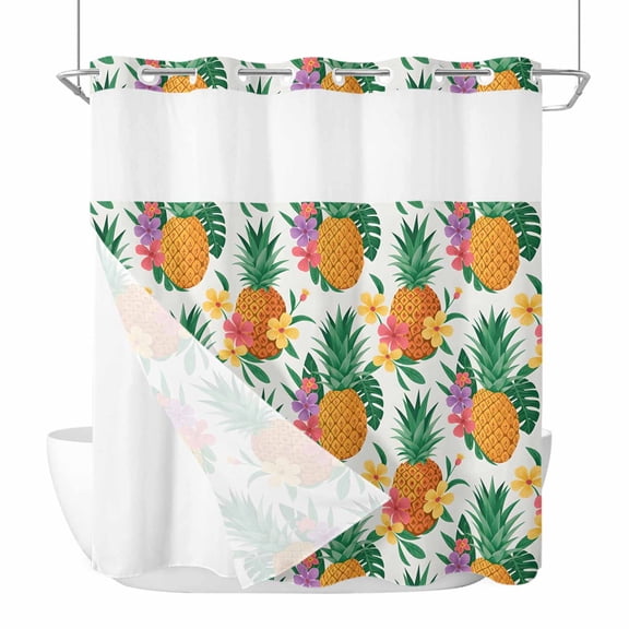 No Hook Summer Pineapple Shower Curtain with Snap in Liner Set, Tropical Fruit Flowers Palm Leaves Waterproof Fabric Bathroom Curtains with See Through Top Window, Hotel Style Standard 72 x 72 Inch