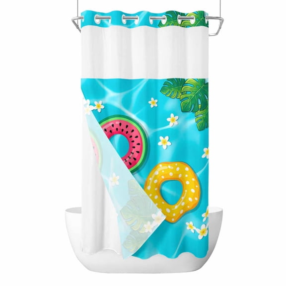 No Hook Summer Swimming Pool Shower Curtain with Snap in Liner Set, Floral Plumeria Palm Leaves Waterproof Fabric Bathroom Curtains with See Through Top Window, Hotel Style Small 36 x 72 Inch