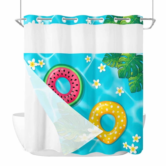 No Hook Summer Swimming Pool Shower Curtain with Snap in Liner Set, Floral Plumeria Palm Leaves Waterproof Fabric Bathroom Curtains with See Through Top Window, Hotel Style Standard 72 x 72 Inch