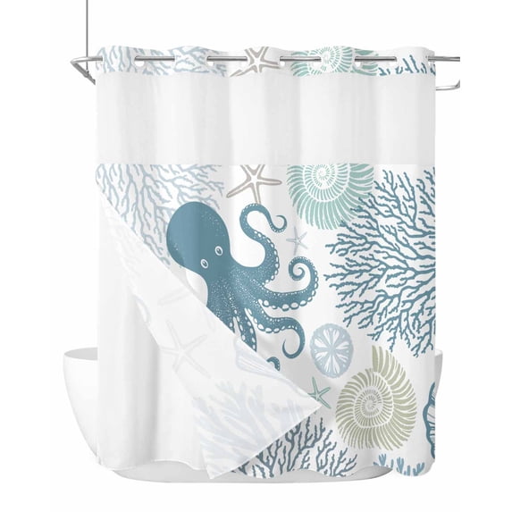 No Hook Teal Blue Octopus Coastal Shower Curtain with Snap in Liner Set, Nautical Coral Starfish Waterproof Fabric Bathroom Curtains with See Through Top Window, Hotel Style Modern 66 x 72 Inch