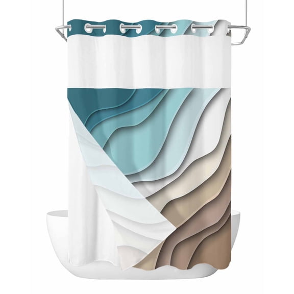 No Hook Teal Blue Ombre Cream Shower Curtain with Snap in Liner Set, Modern Geometric Brown Aesthetic Waterproof Fabric Bathroom Curtains with See Through Top Window, Hotel Style Stall 48 x 72 Inch