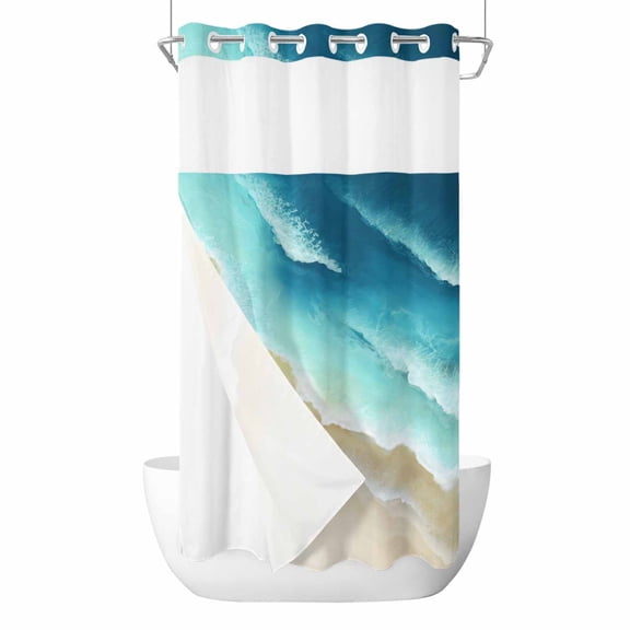 No Hook Teal Gradient Ocean Shower Curtain with Snap in Liner Set, Ombre Watercolor Coastal Beach Waves Waterproof Fabric Bathroom Curtains with See Through Top Window, Hotel Style Small 36 x 72 Inch