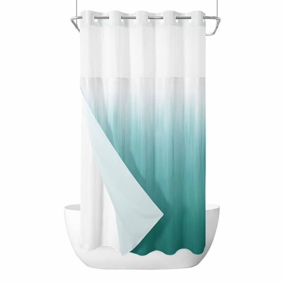 No Hook Teal Green Ombre Shower Curtain with Snap in Liner Set, Contemporary Gradient Abstract Art Waterproof Fabric Bathroom Curtains with See Through Top Window, Hotel Style Small 36 x 78 Inch