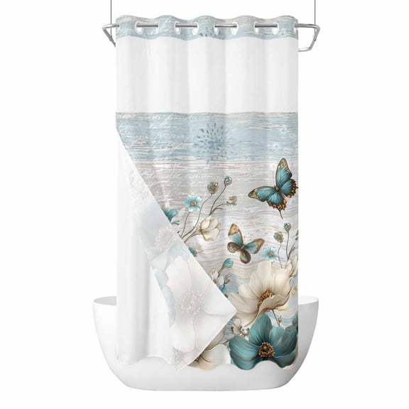 No Hook Teal Tulip Butterfly Shower Curtain with Snap in Liner Set, Beige Turquoise Floral Farmhouse Blue Waterproof Bathroom Curtains with See Through Top Window, Hotel Style Small 36 x 78 Inch