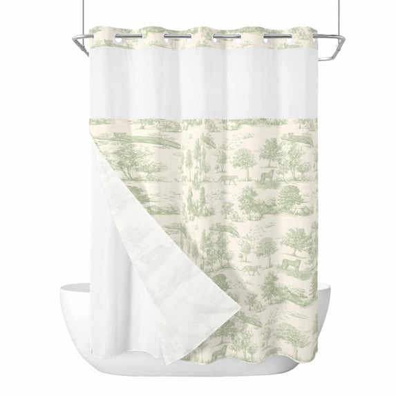 No Hook Tiger Leopard Shower Curtain with Snap in Liner Set, Green Country Retro Forest Trees Animals Waterproof Fabric Bathroom Curtains with See Through Top Window, Hotel Style Long 72 x 84 Inch