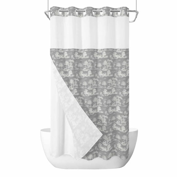 No Hook Tiger Leopard Shower Curtain with Snap in Liner Set, Grey Rustic Forest Trees Farmhouse Animals Waterproof Fabric Bathroom Curtains with See Through Top Window, Hotel Style Small 36 x 72 Inch