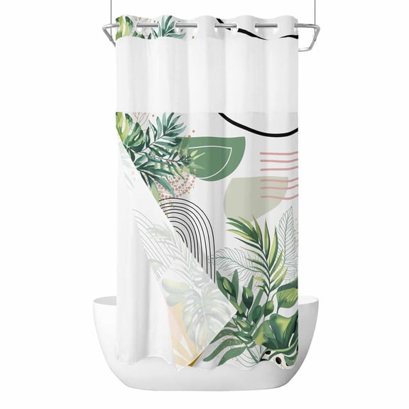 No Hook Tropical Summer Shower Curtain with Snap in Liner Set, Boho Palm Leaves Botanical Watercolor Waterproof Fabric Bathroom Curtains with See Through Top Window, Hotel Style Small 36 x 78 Inch