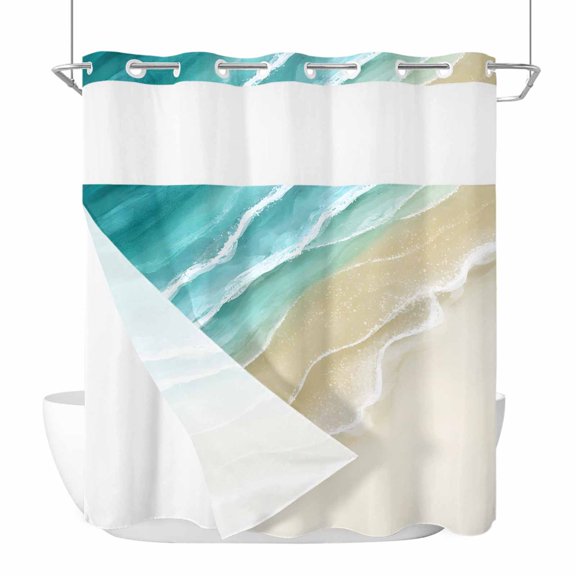 No Hook Turquoise Beach Coastal Shower Curtain with Snap in Liner Set, Summer Ocean Nautical Seaside Waterproof Fabric Bathroom Curtains with See Through Top Window, Hotel Style Standard 72 x 72 Inch