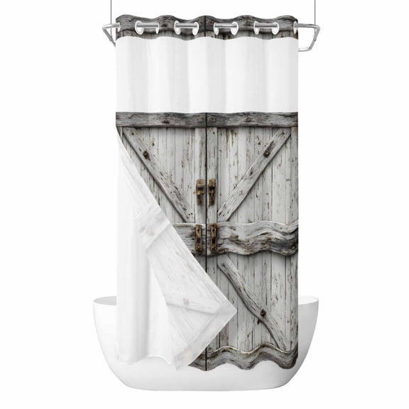 No Hook Vintage Gate Shower Curtain with Snap in Liner Set, Farmhouse Wooden Grain Shabby Chic Door Waterproof Fabric Bathroom Curtains with See Through Top Window, Hotel Style Small 36 x 78 Inch